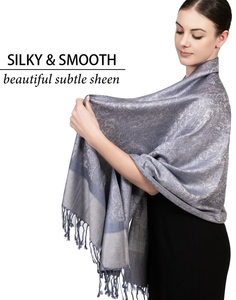 Achillea Women's Two Tone Vintage Jacquard Paisley Pashmina Shawl Wrap Scarf (Oxford Grey) - Image 3